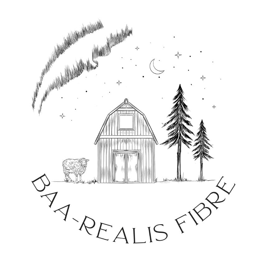 A minimalist black and white logo featuring a barn, a sheep, and two trees in a grassy area. Above the barn, there is a crescent moon, stars, and a comet. The text 