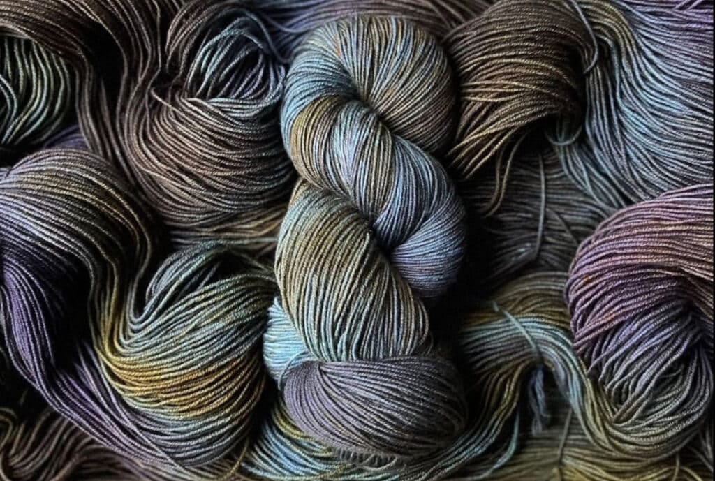 Close-up of several skeins of variegated yarn from Hidden Pond Yarns in shades of blue, green, brown, and purple. The yarns are intertwined, creating a textured and colorful pattern. The central skein is more prominently displayed, highlighting the rich mix of colors.