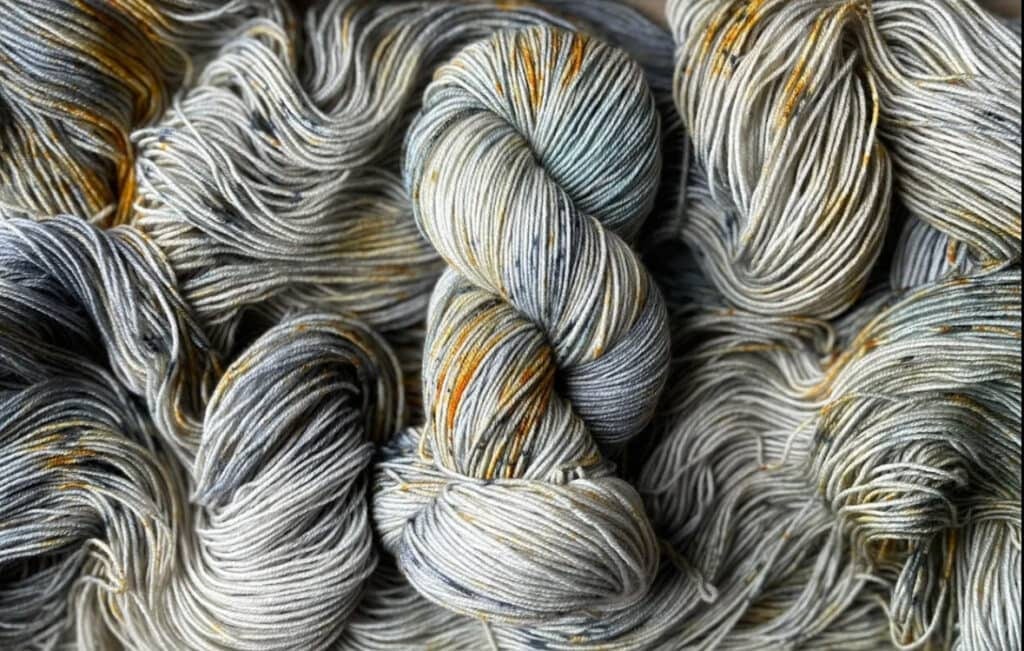 A close-up of multiple skeins of yarn from Hidden Pond Yarns in a mix of grey, white, and golden-yellow hues. The yarn appears soft and is arranged in a visually pleasing, intertwined manner that highlights the variations in color.