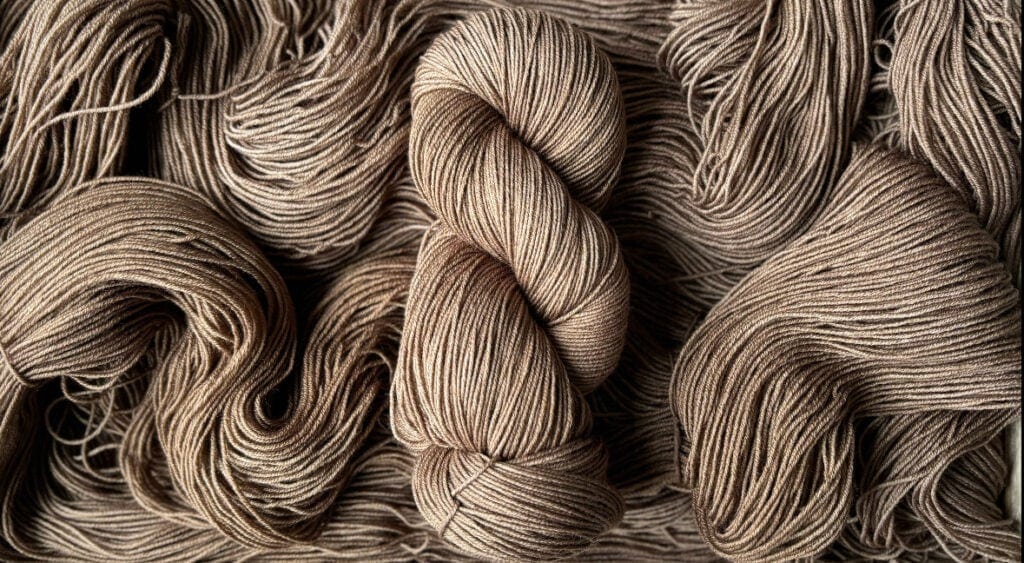 A photo showing several skeins of beige yarn from Hidden Pond Yarns, with one tightly twisted skein prominently centered. The yarn is uniformly colored and neatly arranged, creating a visually textured, soft, and inviting display.