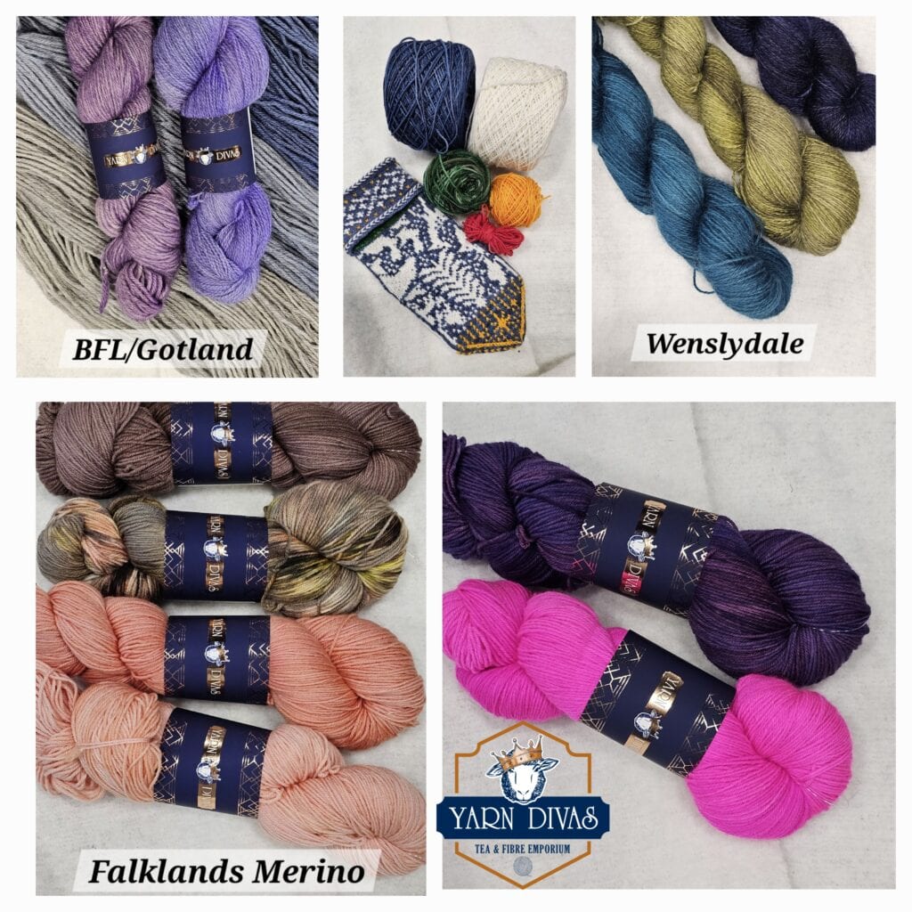 A collage of yarn products from Yarn Divas Dye Studio. Top left features BFL/Gotland yarn in purple tones, top right has Wensleydale yarn in green and gold hues, bottom left showcases Falklands Merino yarn in earth tones, and bottom right displays bright pink and purple skeins.