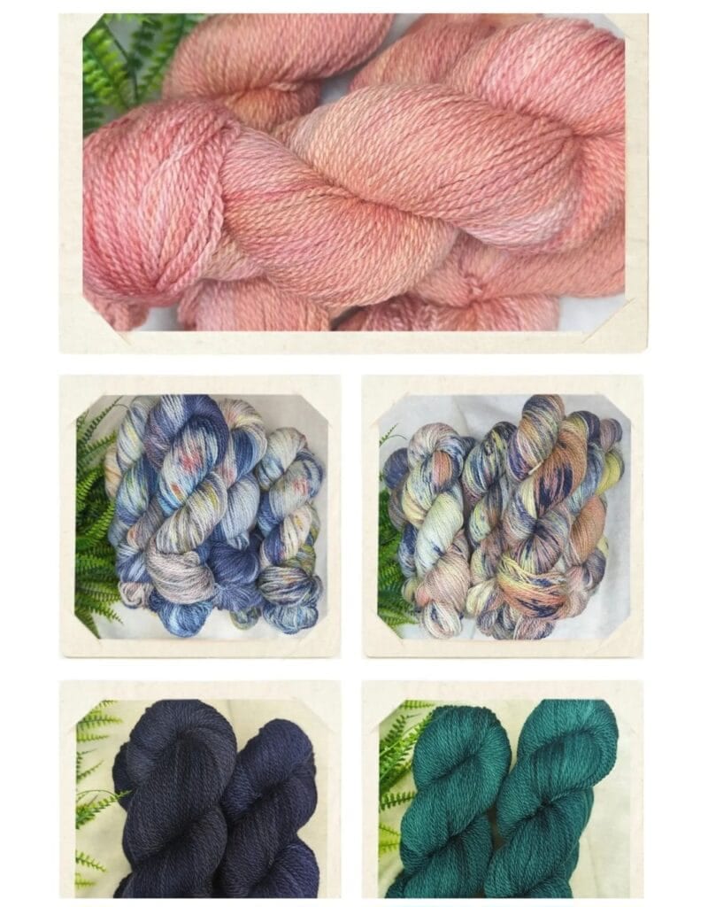 A collage of five images from a dye studio features skeins of yarn in various colors. The top image shows pink yarn. The middle row displays purple-mixed and pastel-mixed yarn. The bottom row shows dark blue and dark green yarn. Fern leaves are used as decoration around the yarn.