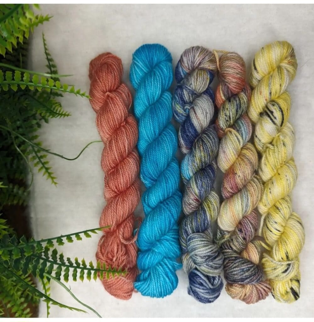 A selection of five colorful yarn skeins from Diva Dye Studio, arranged in a row on a light grey surface. Colors from left to right include reddish-pink, bright blue, multicolored pastels, purple-mixed pastels, and yellow-mixed pastels. Fern leaves are visible on the left side.