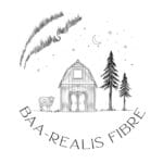 A minimalist black and white logo featuring a barn, a sheep, and two trees in a grassy area. Above the barn, there is a crescent moon, stars, and a comet. The text 