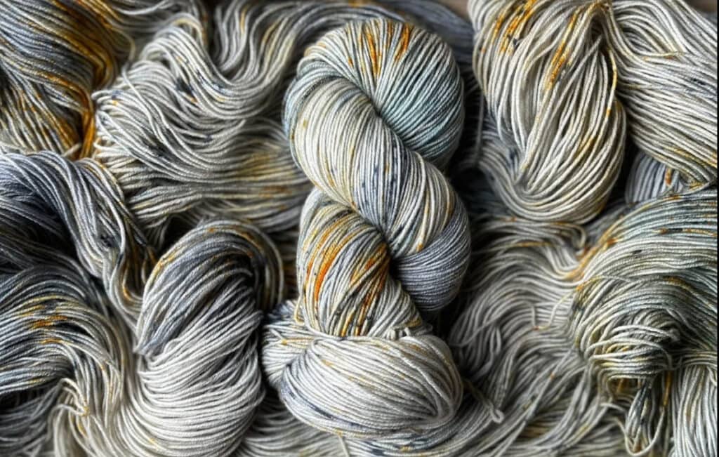 A close-up of multiple skeins of yarn from Hidden Pond Yarns in a mix of grey, white, and golden-yellow hues. The yarn appears soft and is arranged in a visually pleasing, intertwined manner that highlights the variations in color.