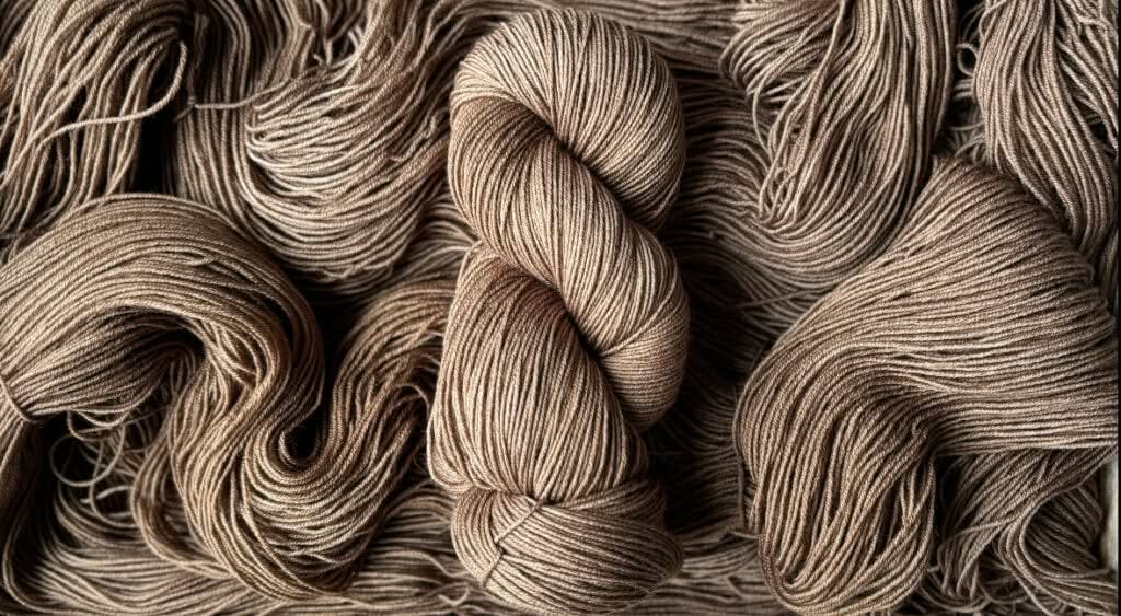 A photo showing several skeins of beige yarn from Hidden Pond Yarns, with one tightly twisted skein prominently centered. The yarn is uniformly colored and neatly arranged, creating a visually textured, soft, and inviting display.